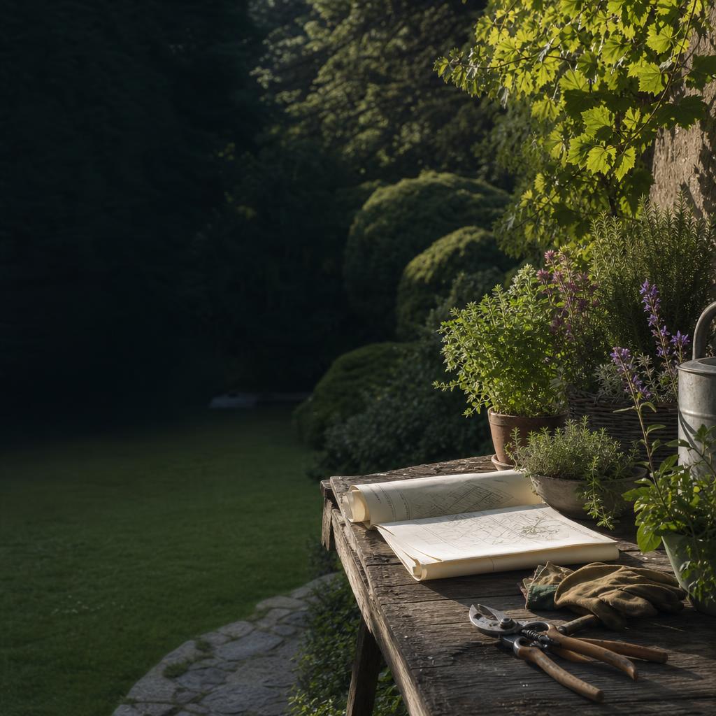 Attrezzi da giardino e appunti tecnici su un tavolo all'aperto