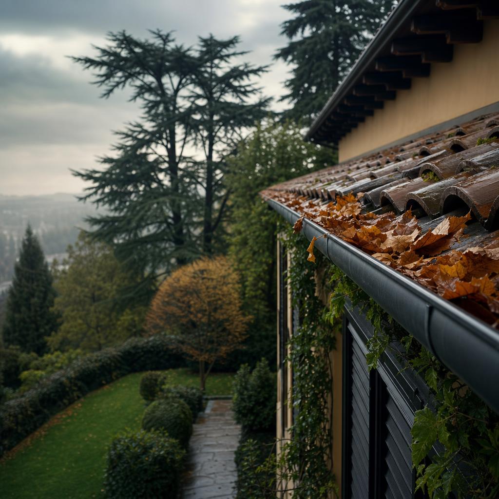 Grondaia con foglie autunnali sul tetto di una casa immersa nel verde