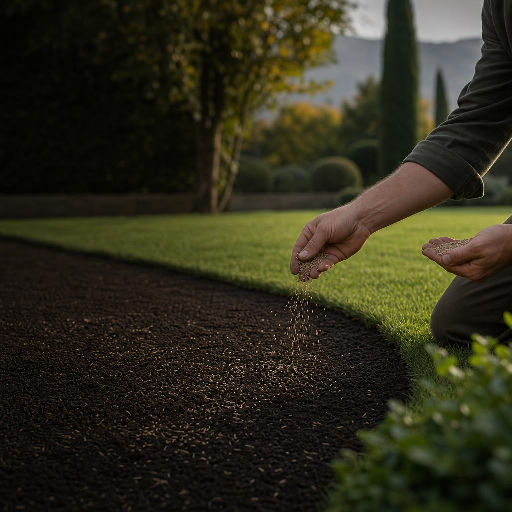 Mani che distribuiscono semi su un terreno preparato per il prato